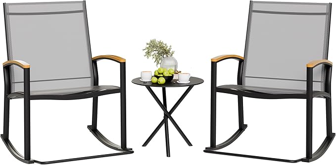 3-Piece Outdoor Rocking Bistro Set Textilene Patio Chairs & Table for Garden or Balcony