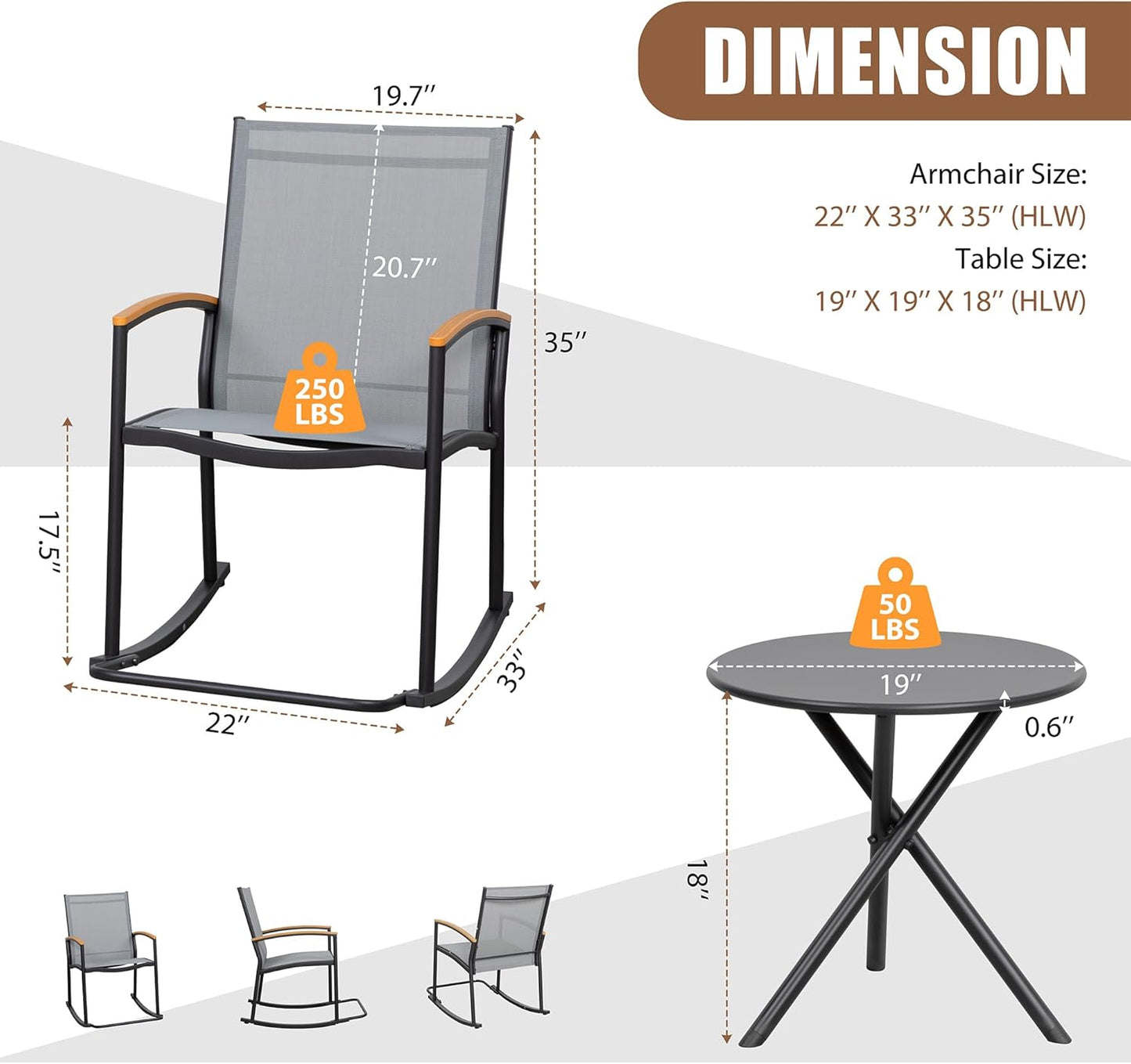 3-Piece Outdoor Rocking Bistro Set Textilene Patio Chairs & Table for Garden or Balcony