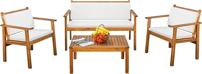 Acacia Wood Outdoor Furniture Set of 4-Piece Patio Sofa, Chairs & Table with Cushions