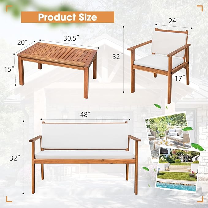 Acacia Wood Outdoor Furniture Set of 4-Piece Patio Sofa, Chairs & Table with Cushions