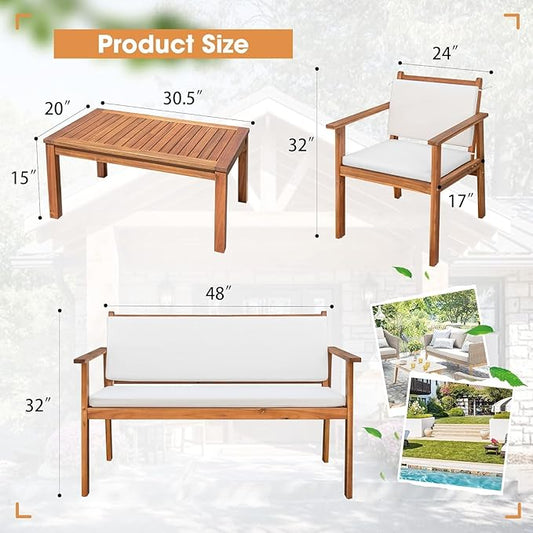 Acacia Wood Outdoor Furniture Set of 4-Piece Patio Sofa, Chairs & Table with Cushions