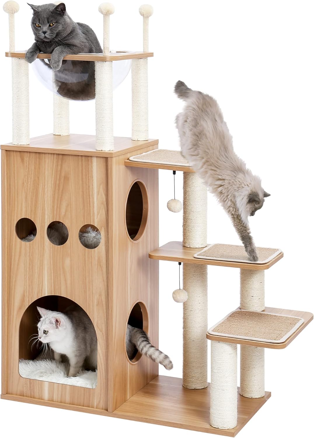 Modern 51" Wood Cat Tree Heavy-Duty Tower with Scratch Post & Clear Bowl for Large Cats and Kittens