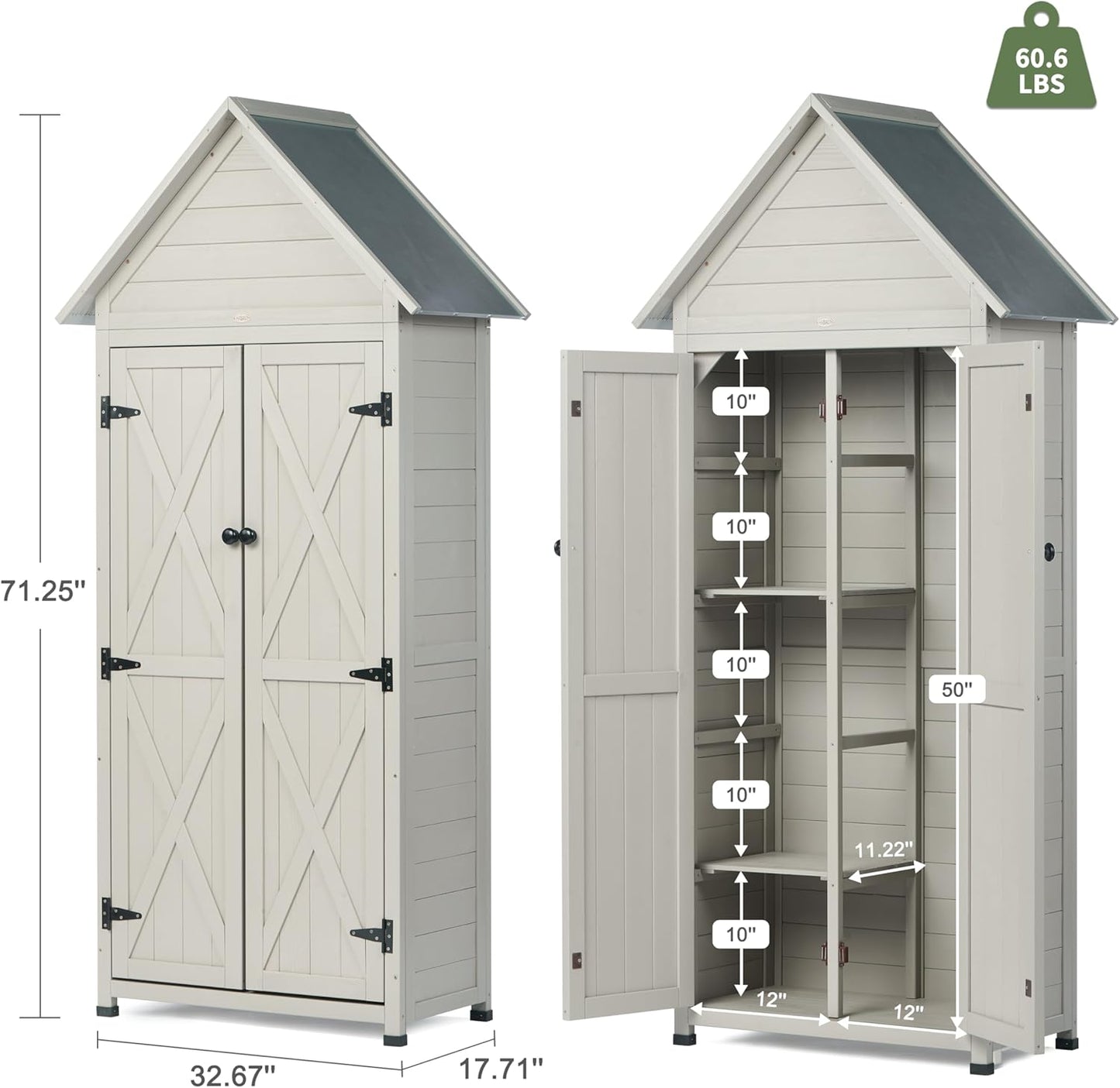 71" Outdoor Storage Shed Weatherproof Wood Cabinet with Floor & Adjustable Shelves