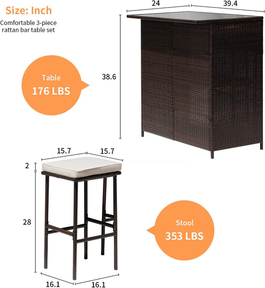 3-Piece Wicker Patio Set – Outdoor Rattan Chairs & Table for Yard or Backyard