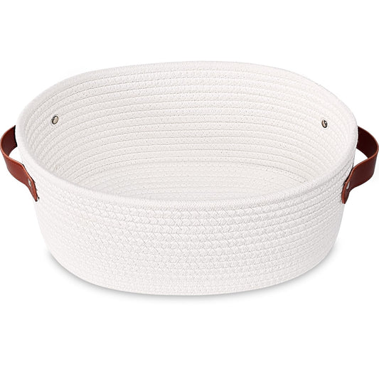 Small Woven Storage Basket Rope Organizer with Leather Handles