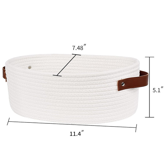 Small Woven Storage Basket Rope Organizer with Leather Handles