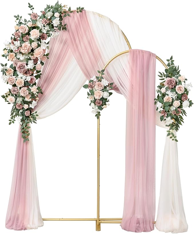 Pink Rose Wedding Arch Metal Frames with Flowers & Drapes Set of 2