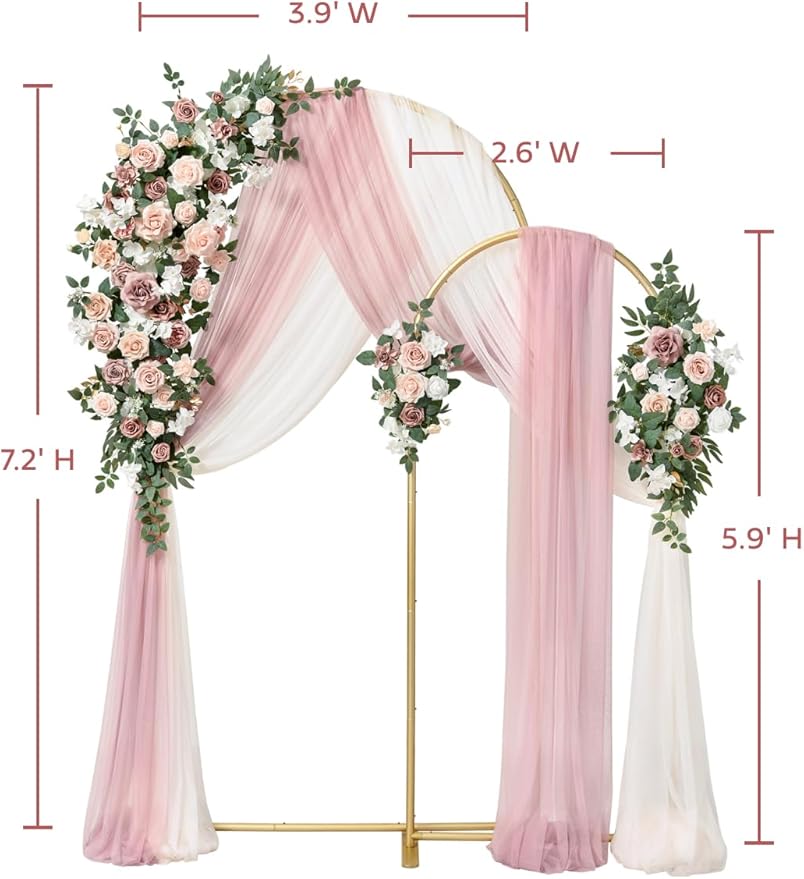 Pink Rose Wedding Arch Metal Frames with Flowers & Drapes Set of 2