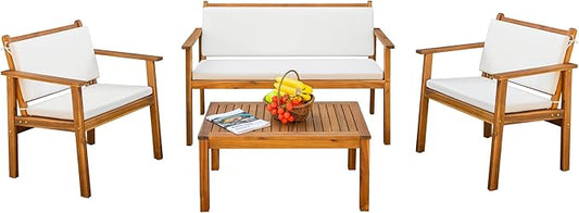 Acacia Wood Outdoor Furniture Set of 4-Piece Patio Sofa, Chairs & Table with Cushions