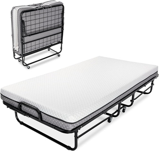 Twin Size Diplomat Folding Bed Compact Rollaway Guest Bed with Memory Foam Mattress & Durable Frame