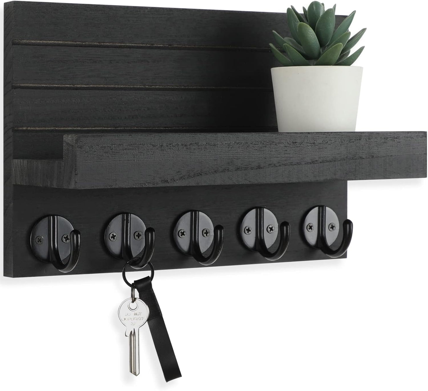 Wall Mounted Key & Mail Holder Decorative Wood Shelf with Hooks for Bags, Coats, and More