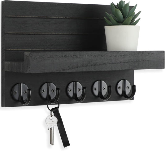 Wall Mounted Key & Mail Holder Decorative Wood Shelf with Hooks for Bags, Coats, and More