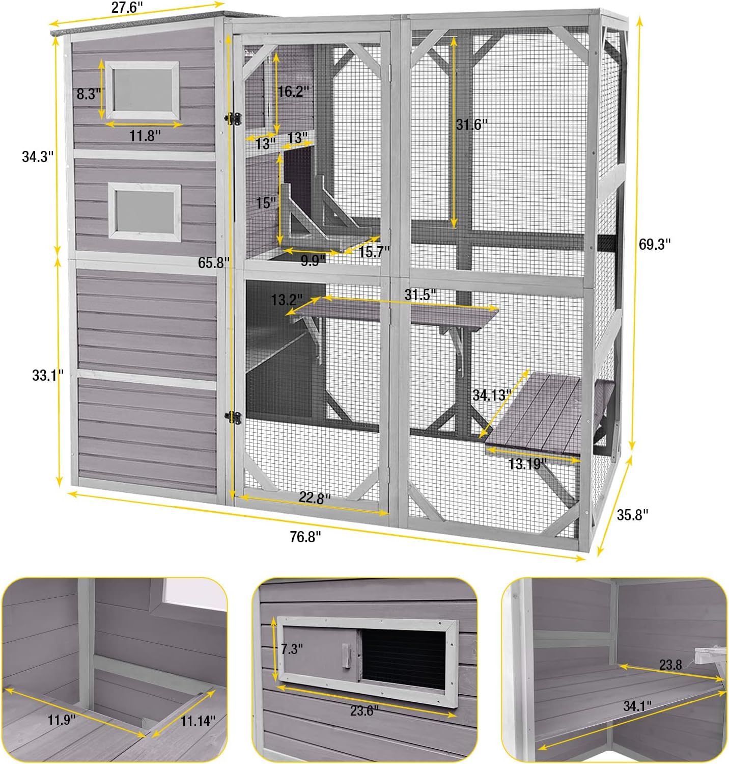 70" Large Cat Catio 4-Tier Outdoor/Indoor Enclosure with Weatherproof Roof, Resting Rooms