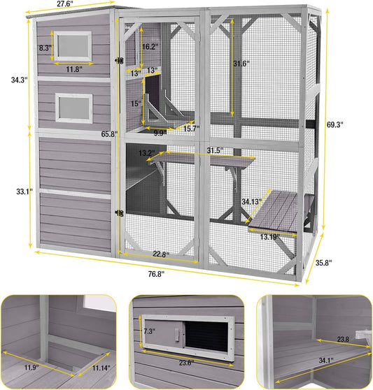 70" Large Cat Catio 4-Tier Outdoor/Indoor Enclosure with Weatherproof Roof, Resting Rooms