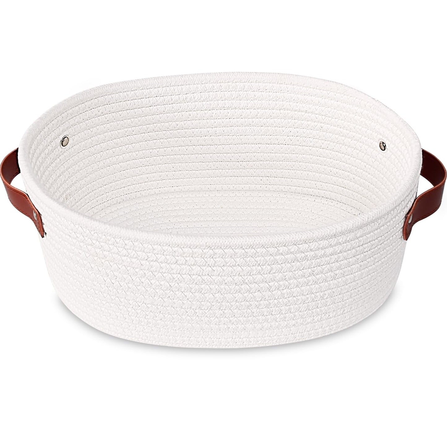 Small Woven Storage Basket Rope Organizer with Leather Handles